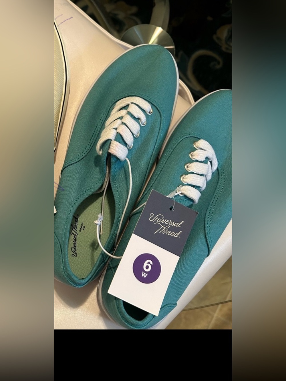 Universal thread canvas, shoes, turquoise ones are size 6W.